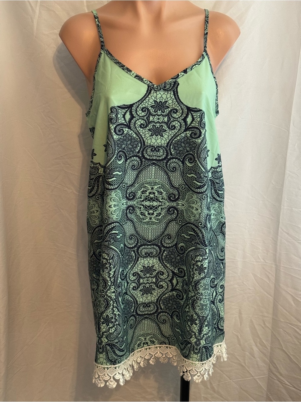 Mint Green Paisley Slip Dress with Crocheted Lace Trim